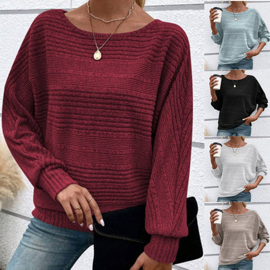 💜Top liso às riscas com gola redonda e mangas compridas