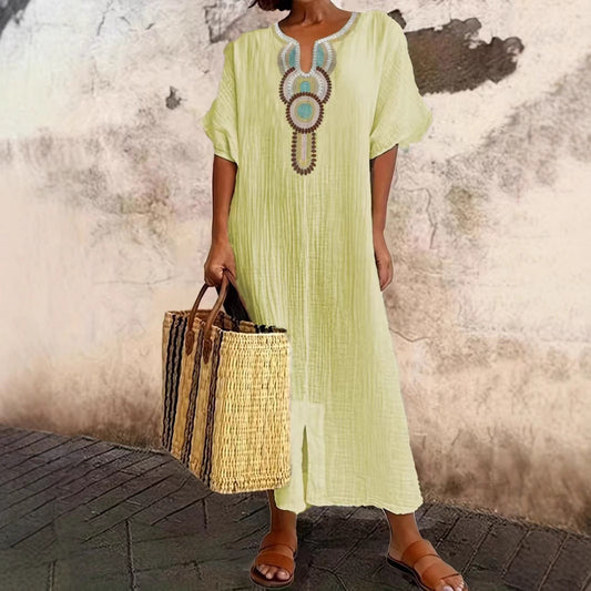 Vestido casual de mulher solto de algodão e linho bordado com racha