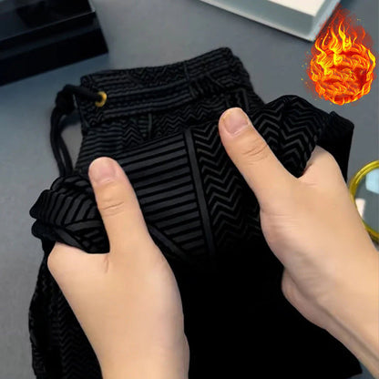 Calças compridas de homem, elegantes e confortáveis – corte direito, cintura elástica e tecido jacquard, estilo luxuoso e leve