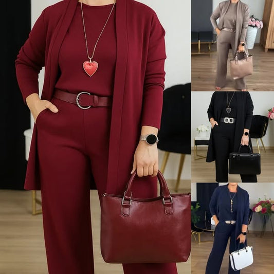 💞Conjunto elegante de 3 peças, incluindo cardigan comprido, blusa e calças💞PORTES GRÁTIS