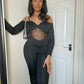 Glitter Cold Shoulder Contrast Kanten Korset Jumpsuit