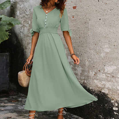 V-hals Fluttermouw Voorkant Knoop Geplooide Cinch Taille Flare Jurk Elegante Jurk