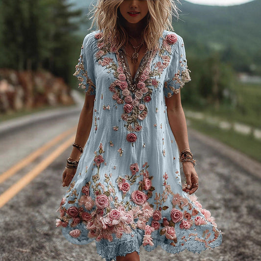 Vestido vintage de manga curta com bordado floral