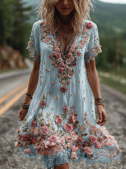 Vestido vintage de manga curta com bordado floral