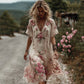 Vestido vintage de manga curta com bordado floral
