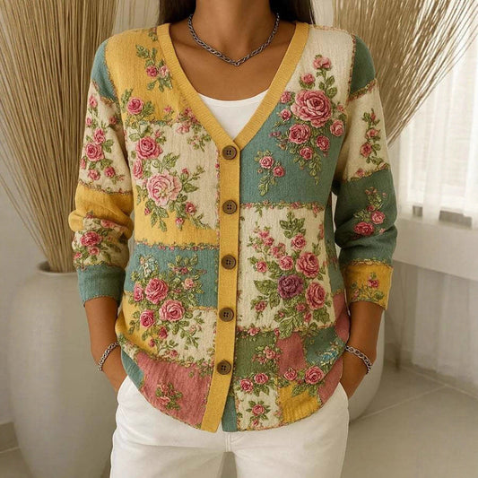 Cardigan en coton à col en V et motif floral pour femme