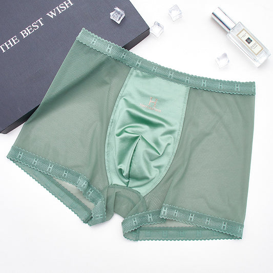 2025 Nieuwe heren high-end satijnen luxe kant ademend mesh naadloze antibacteriële boxershorts