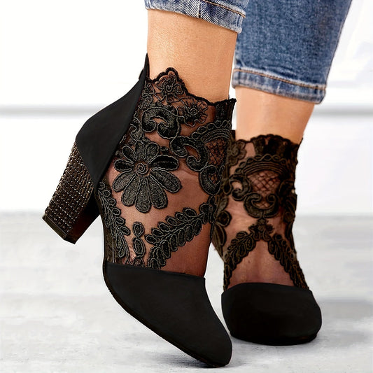 🔥Nouvelles bottines à dentelle florale et talon épais 