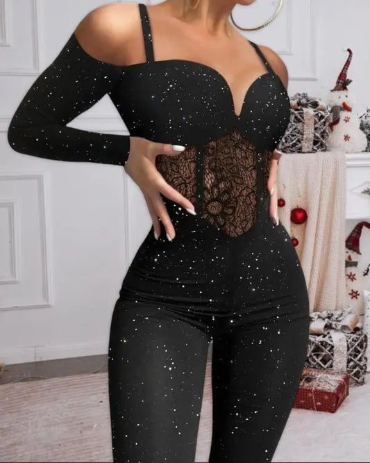 Combinaison corset en dentelle contrastée à épaules dénudées et paillettes