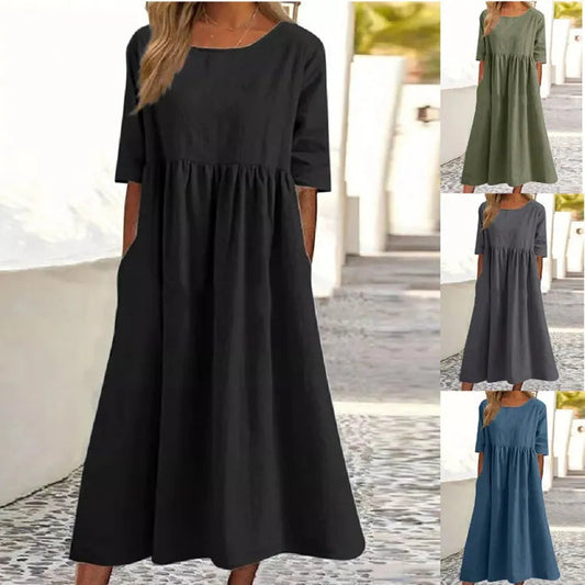 🔥Robe en coton à col rond et poches