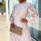 Robe amincissante à col en dentelle française et manches bouffantes, nouvelle collection printemps 2025