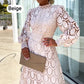 Robe amincissante à col en dentelle française et manches bouffantes, nouvelle collection printemps 2025