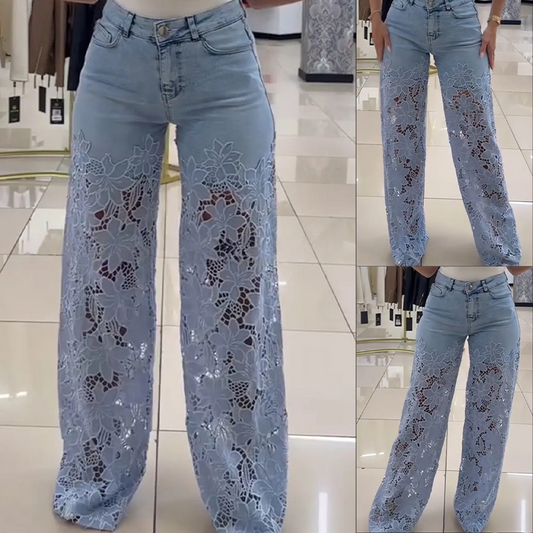 👖Modieuze holle jeans met kantafwerking